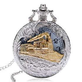 Vintage Silver Charming Gold Train Carved Openable Hollow Steampunk Quartz Pocket Watch Men Women Necklace Pendant Clock Gifts