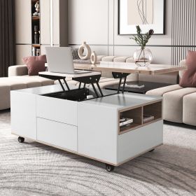 Modern Walnut & White Lift Top Coffee Table Multifunctional Table with Drawers & Shelves