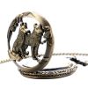 Classic Vintage Bronze Dog Wolf Hollow Quartz Fob Pocket Watch with Necklace Chain Cool Pendant Clock Gift for Women Men