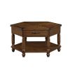 2 Tier Retro Hexagon Living Room Solid Wood Coffee Table with Shelf & Drawer, 36'' Mid-Century Center Coffee Table for Living Room, Office. Cherry