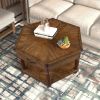 2 Tier Retro Hexagon Living Room Solid Wood Coffee Table with Shelf & Drawer, 36'' Mid-Century Center Coffee Table for Living Room, Office. Cherry