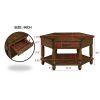 2 Tier Retro Hexagon Living Room Solid Wood Coffee Table with Shelf & Drawer, 36'' Mid-Century Center Coffee Table for Living Room, Office. Cherry