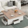 Modern Walnut & White Lift Top Coffee Table Multifunctional Table with Drawers & Shelves