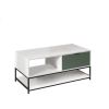 Watson 39" White and Green Wood Coffee Table Steel Frame with Shelves and Drawer