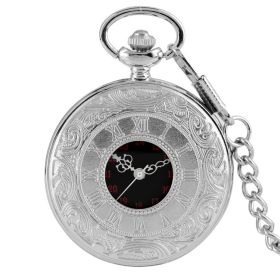 Vintage Charm Black Unisex Fashion Roman Number Quartz Steampunk Pocket Watch Women Man Necklace Pendant with Chain Gifts P427 (Color: Silver  pocketchain)