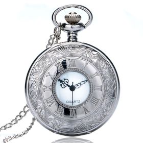 Vintage Charm Black Unisex Fashion Roman Number Quartz Steampunk Pocket Watch Women Man Necklace Pendant with Chain Gifts P427 (Color: Silver necklacechain3)