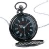 Vintage Charm Black Unisex Fashion Roman Number Quartz Steampunk Pocket Watch Women Man Necklace Pendant with Chain Gifts P427